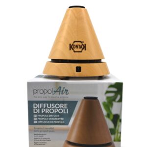 Natural wood cone-shaped propolis diffuser with built-in ioniser, displayed alongside its retail box IP-ROCO