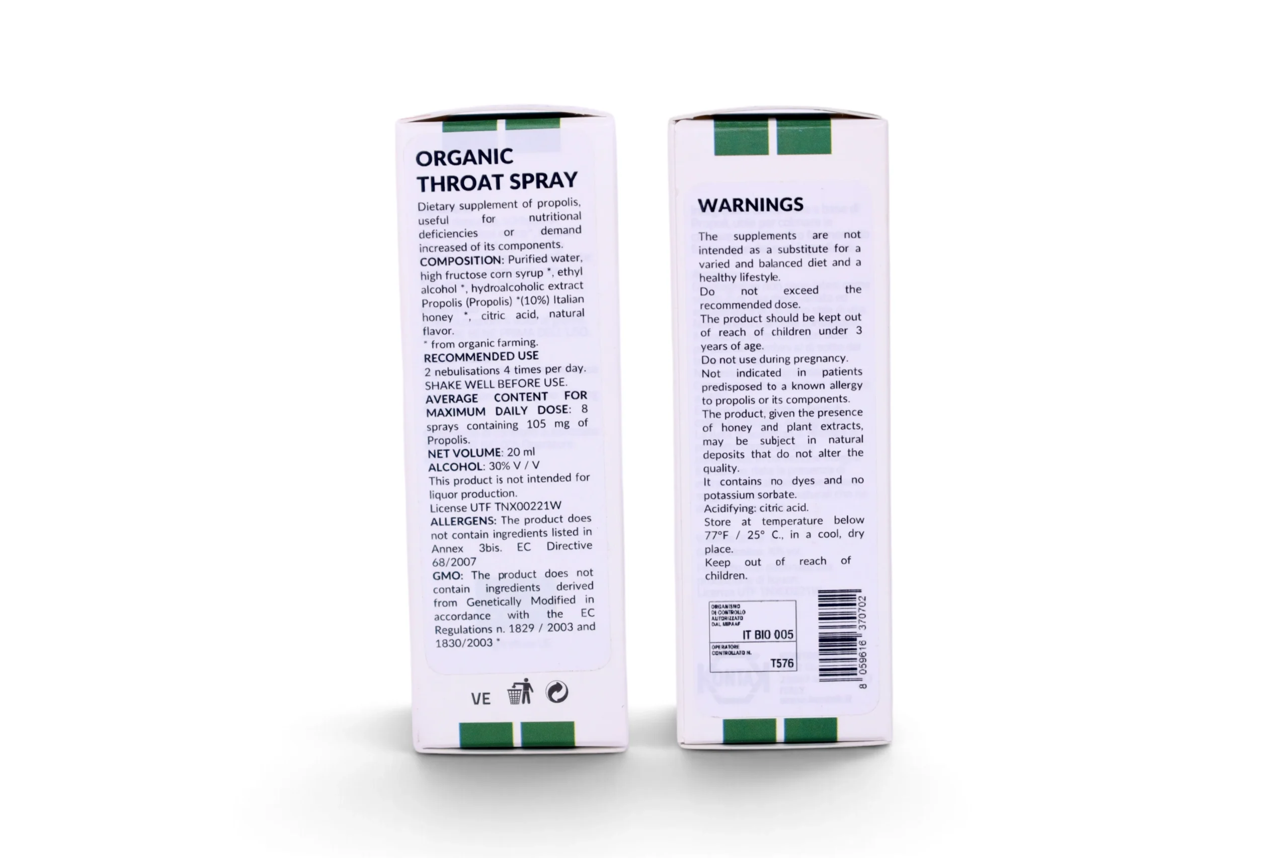 20ml Organic Propolis Throat Spray with Honey packaging showing ingredients and warnings panels side by side IP-ROCO