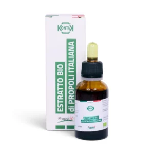 Front view of 30ml IP-ROCO Organic Italian Propolis Extract Tincture 20% concentration bottle with pipette dropper alongside its packaging box, on a white background.