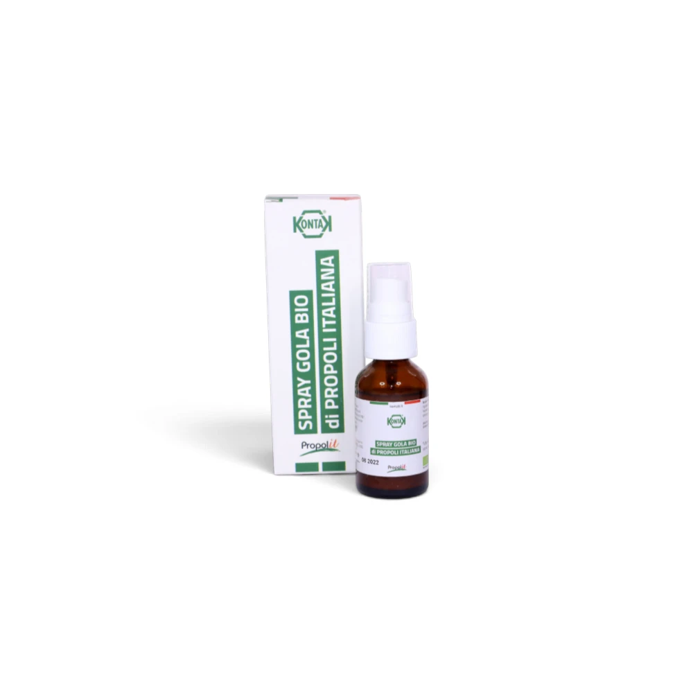 20ml Organic Propolis Throat Spray with Honey bottle standing alongside its packaging box wide view IP-ROCO
