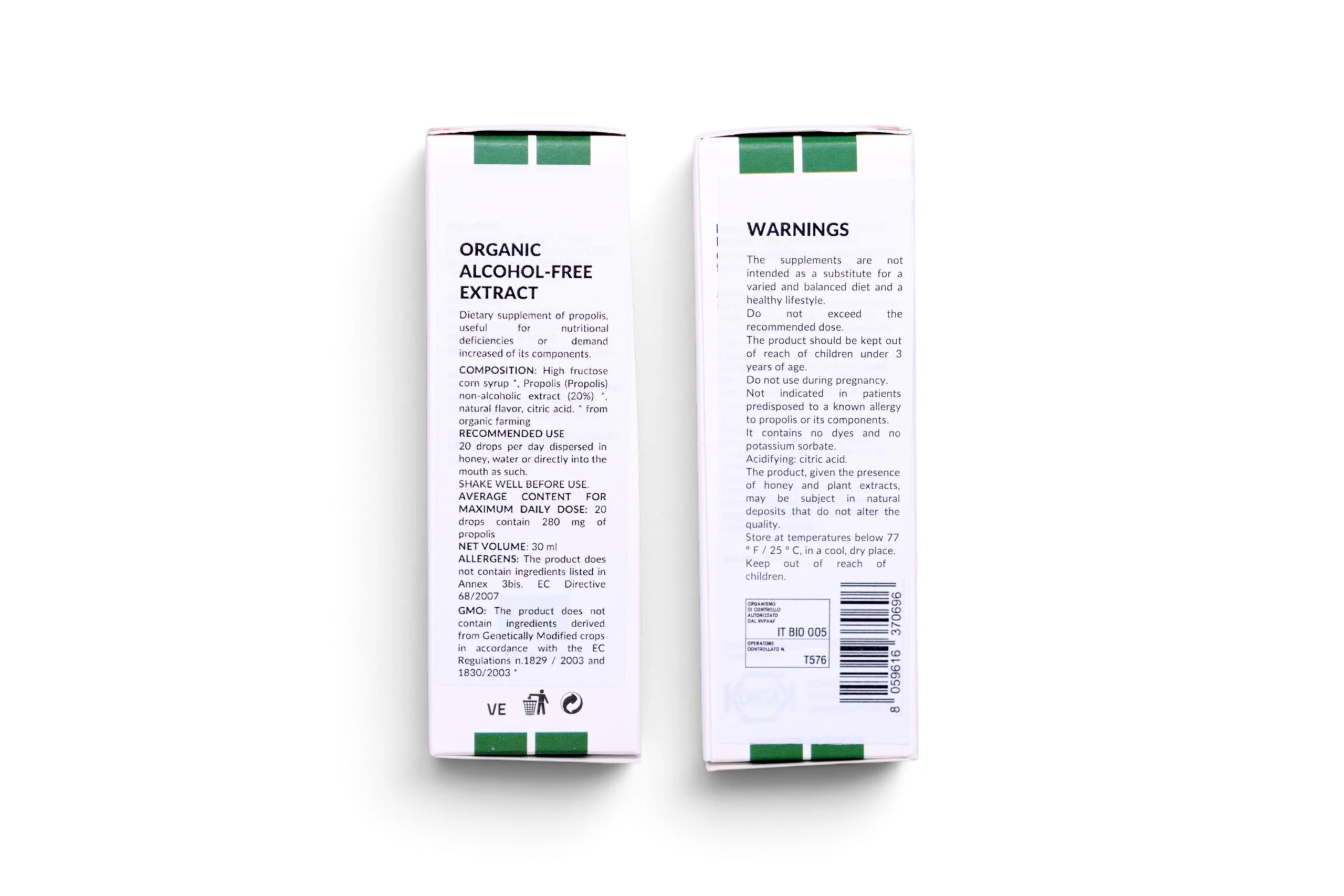 Angled view of the 30ml IP-ROCO Organic Alcohol-Free Propolis Extract Tincture box, displaying ingredients, product contents, and safety warnings.