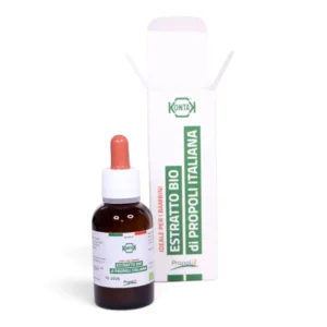 Front view of 30ml IP-ROCO Organic Alcohol-Free Propolis Extract Tincture bottle with pipette dropper alongside its packaging box, on a white background.
