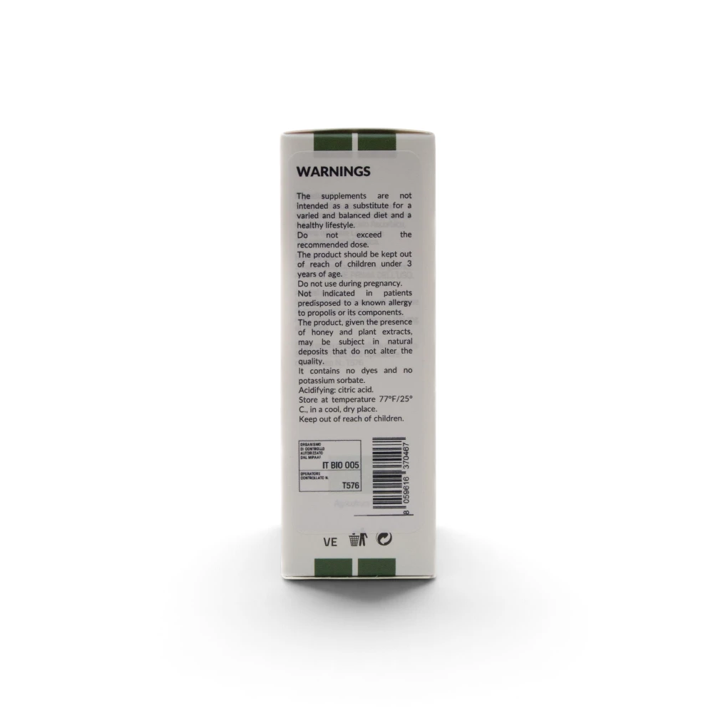 Warnings, directions for use on 20ml Organic Propolis Throat Spray BIO IP-ROCO