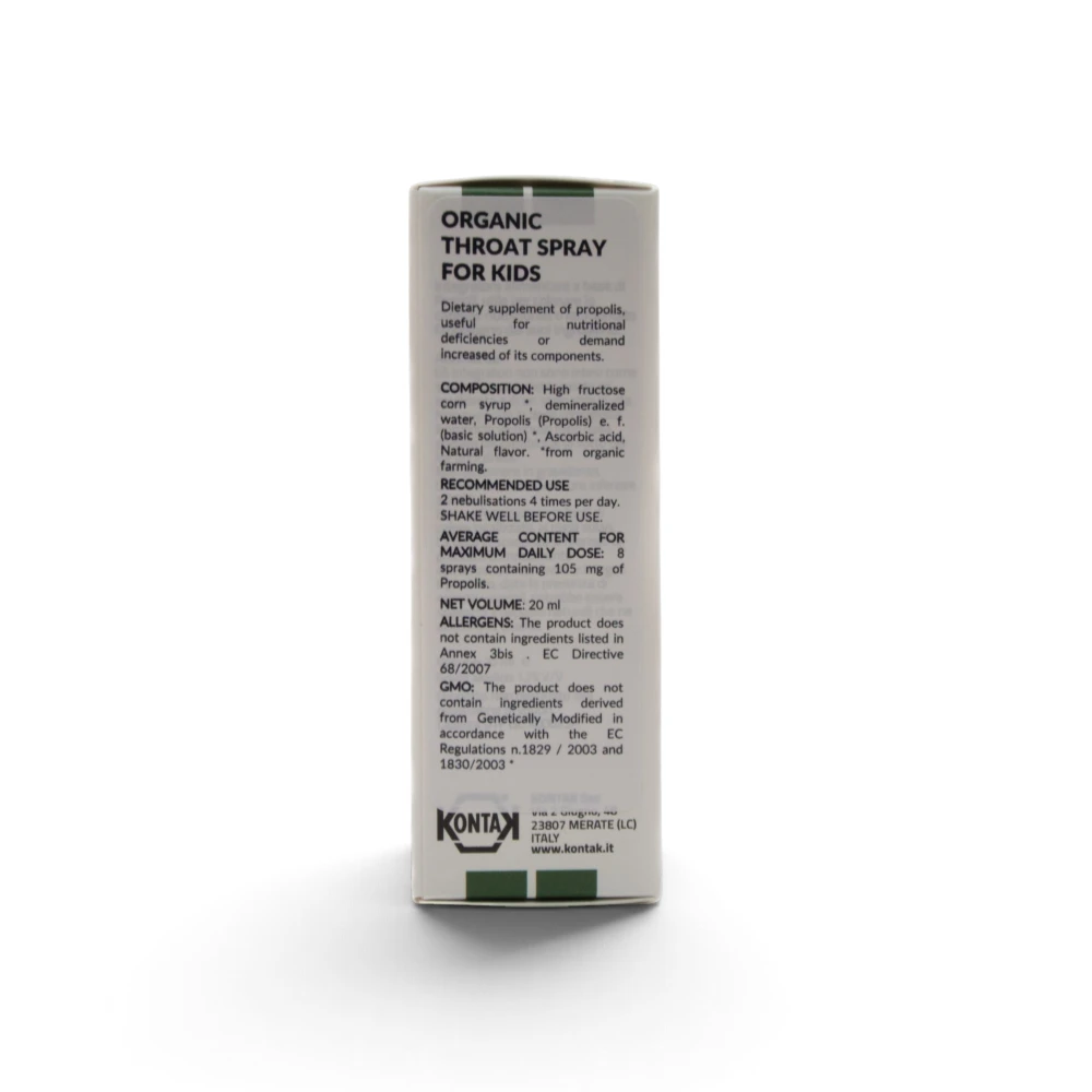 Ingredients list and nutritional info on box for 20ml Organic Alcohol-Free Propolis Throat Spray BIO IP-ROCO
