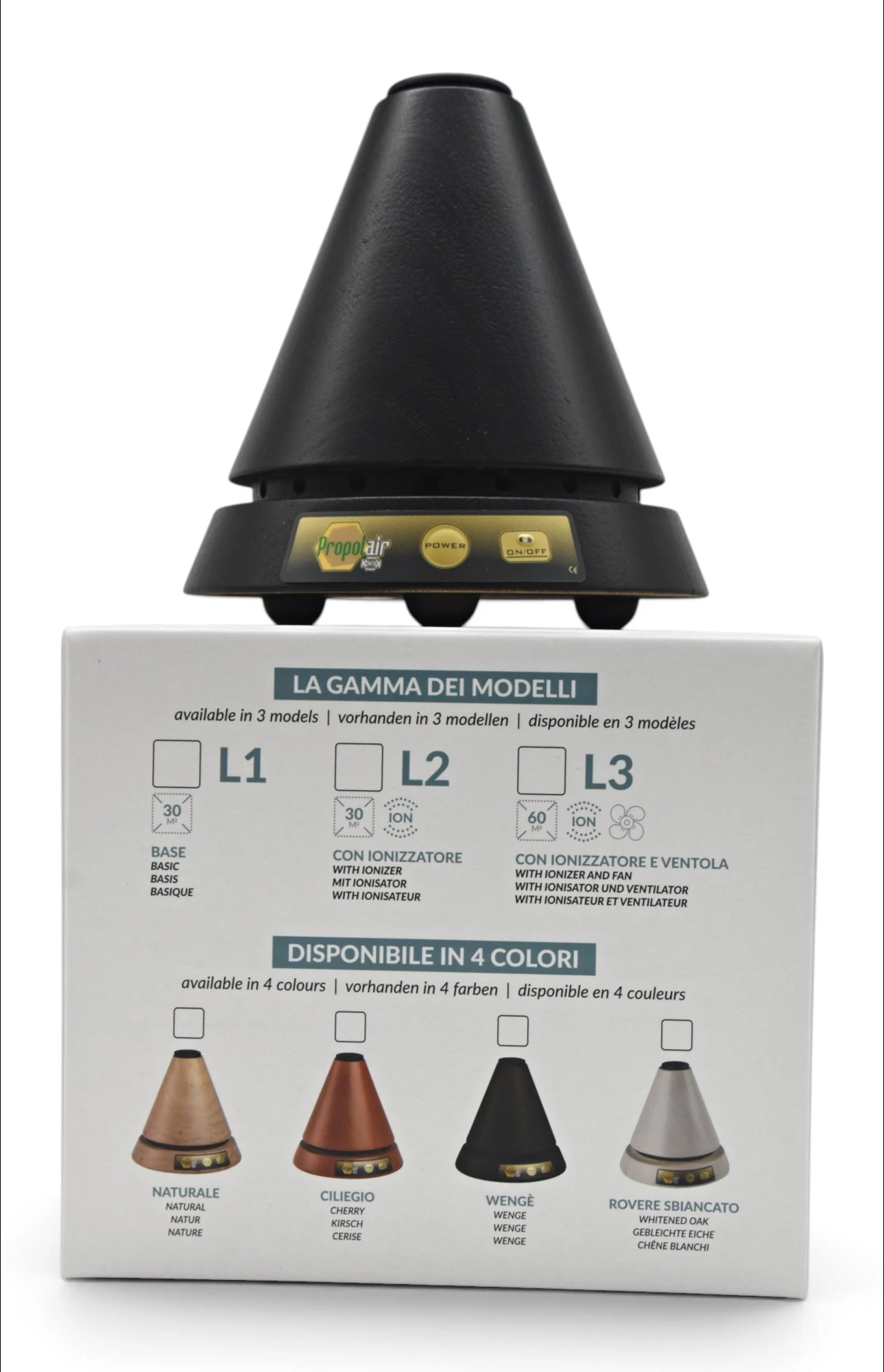 Propolair Model L3 wenge colour propolis diffuser with visible control buttons, sitting on a packaging box that displays graphics of diffuser models labeled L1, L2, and L3 IP-ROCO