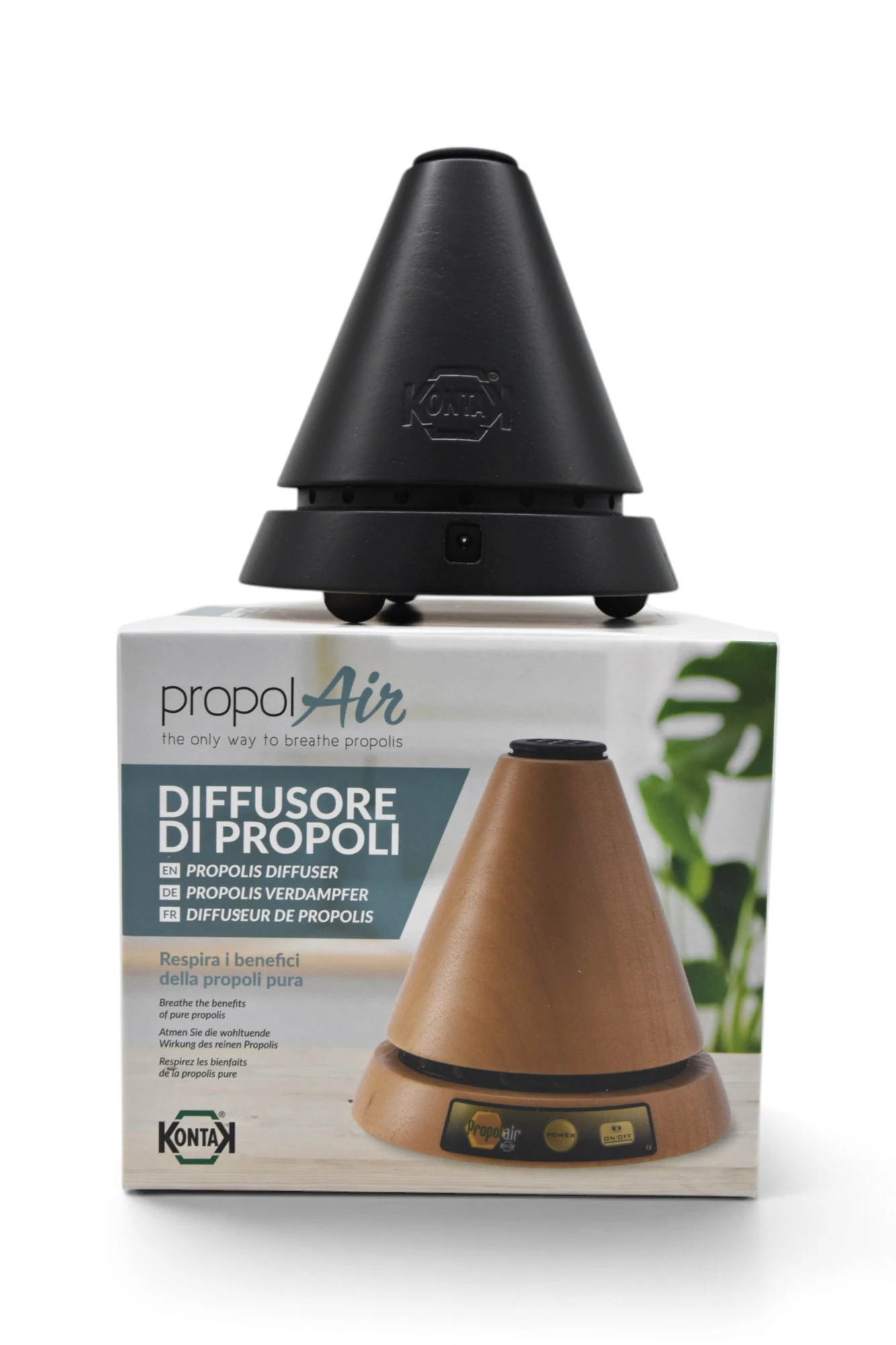Wenge colour Propolair Model L3 propolis diffuser sitting on top of its official product packaging box IP-ROCO