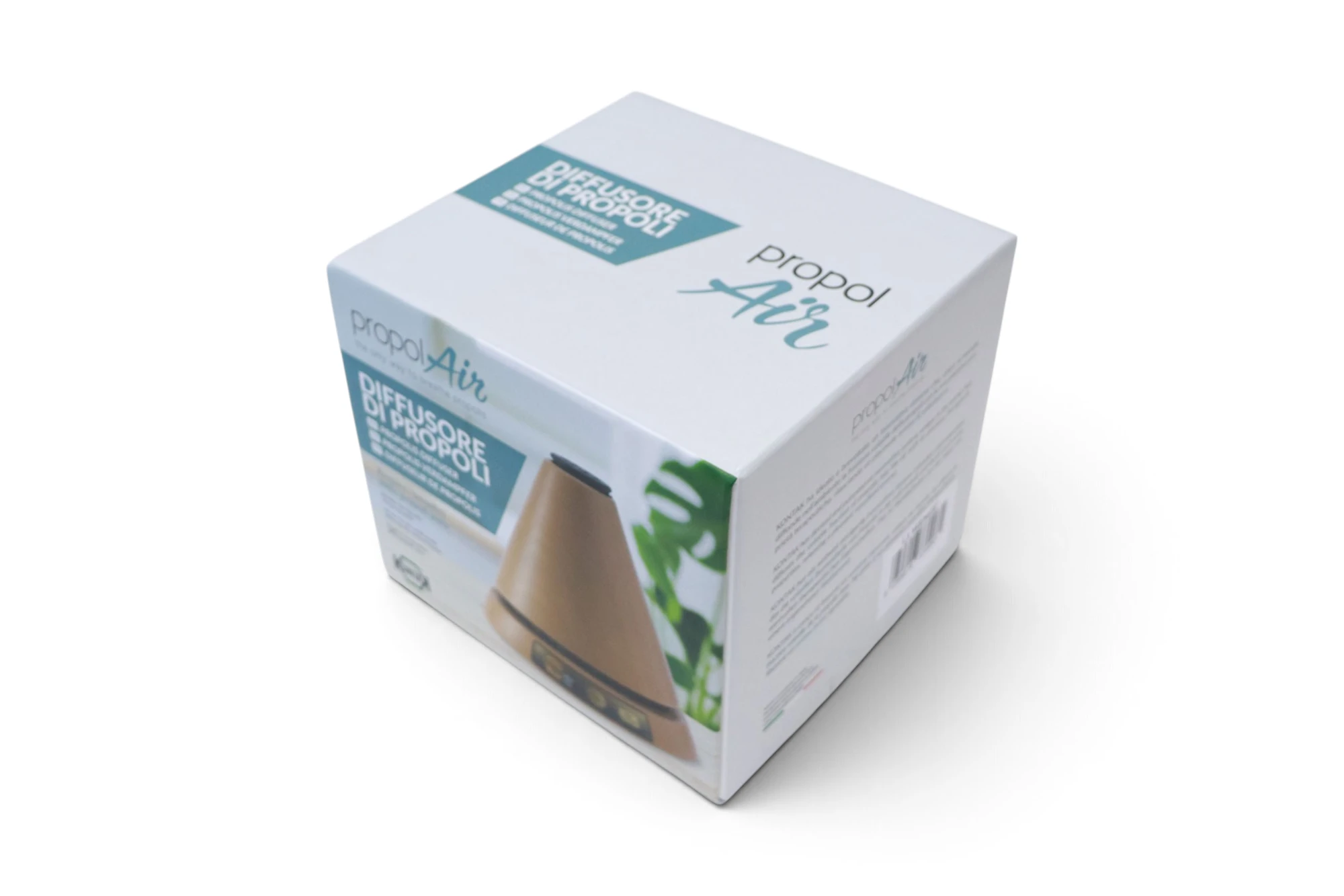 Top-angle perspective view of the official Propolair propolis diffuser packaging box IP-ROCO
