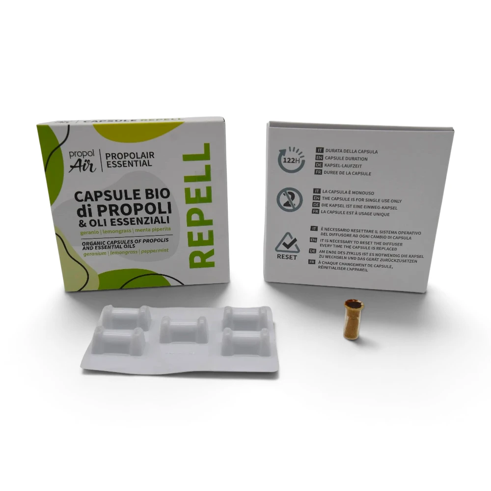 Complete product overview of IP-ROCO Propolis Capsules REPELL, showing the front packaging, rear packaging with product details, a blister pack, an opened foil pouch, and individual capsules.
