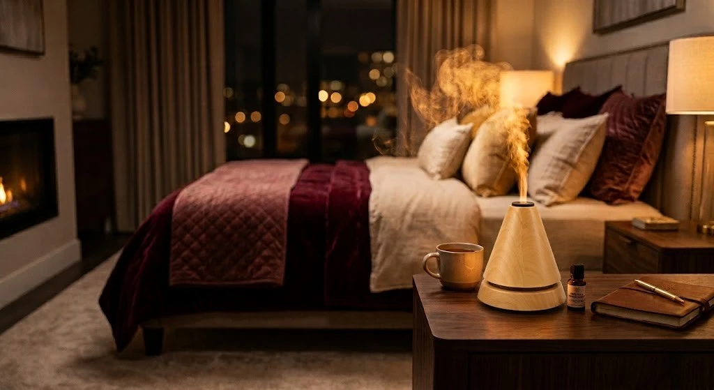 Propolis diffuser emitting warm aromatic vapors on a wooden nightstand in a cozy, ambiently lit bedroom for good sleep IP-ROCO