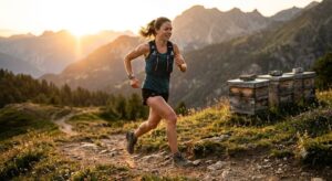 A woman trail running on a mountain path past wooden beehives at sunrise, illustrating natural fitness for the IP-ROCO apitherapy blog